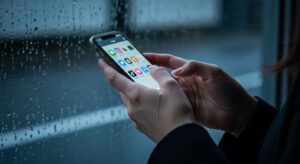 スマートフォンを手に持ち、画面を見ている日本人女性の手元