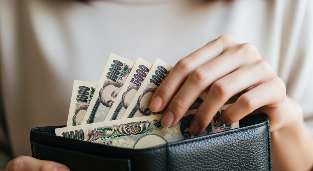 財布からお金を出そうとする女性の手元。自然光の中で撮影された、柔らかい雰囲気