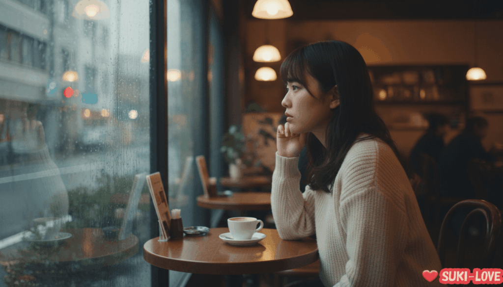 悩んでいる女性が窓の外をみている