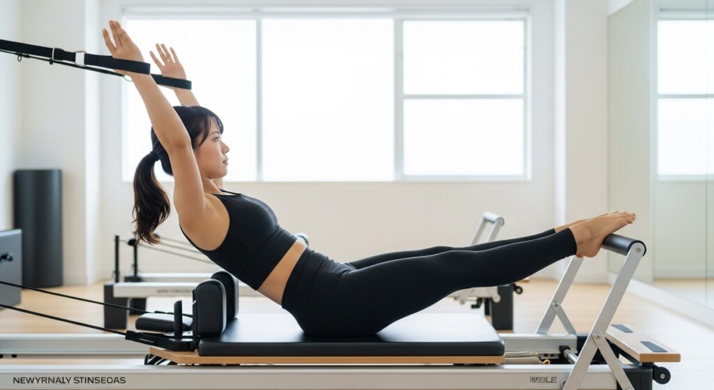 ピラティススタジオで、リフォーマー（ピラティス専用マシン）を使ってトレーニング