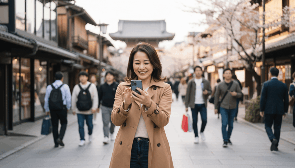 スマホを見て喜ぶ女性