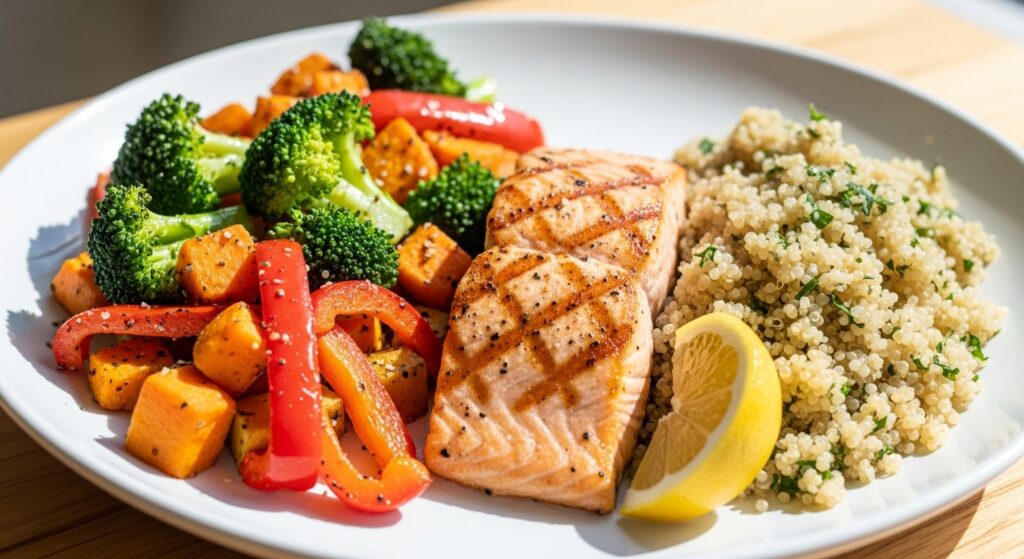 バランスの良い食事のプレート。野菜、タンパク質、炭水化物が美しく盛り付けられた様子。明るく食欲をそそる色合い