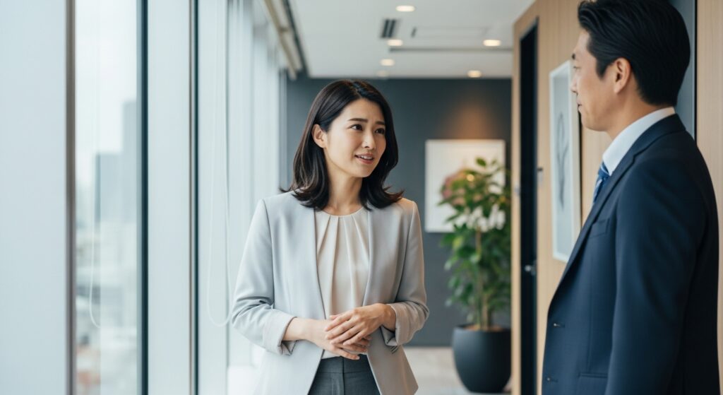 オフィスの廊下で、上司らしき男性と立ち話