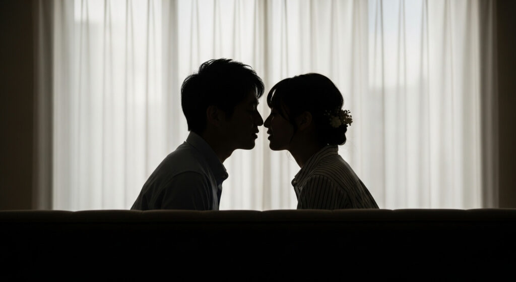 男女のくちびるがくっつく寸前のシルエット