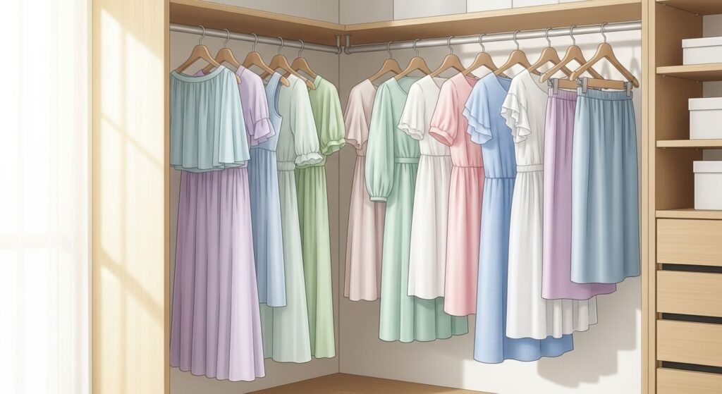 パステルカラーのワンピースやスカートがハンガーにかかっている