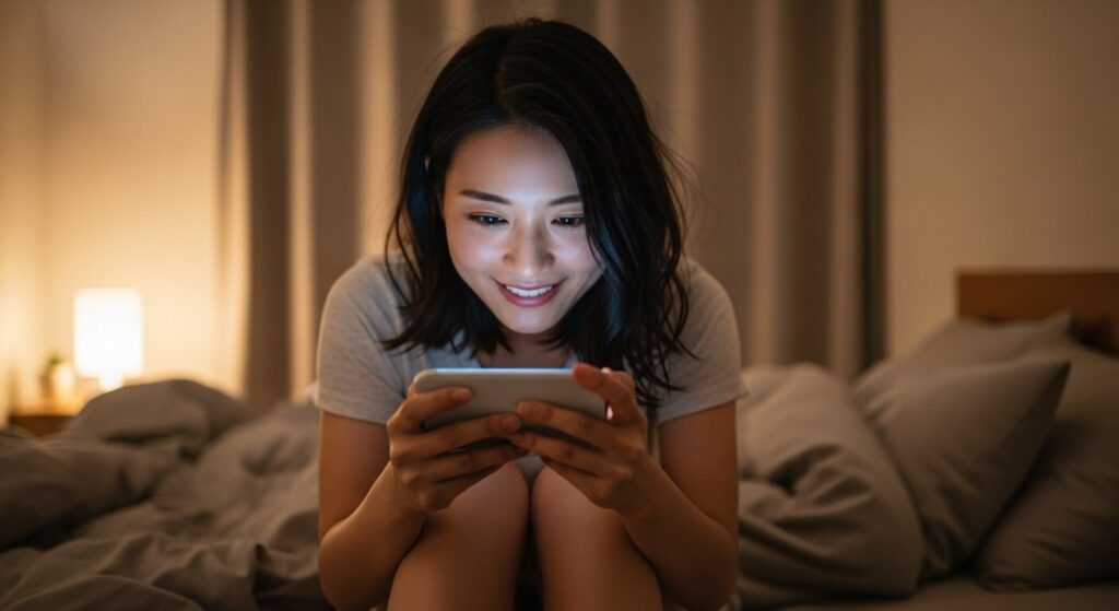 ベッドに座ってスマートフォンを持つ女性