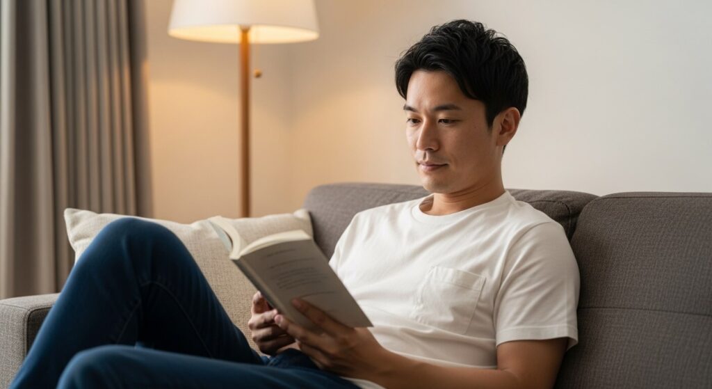 部屋で読書をする男性
