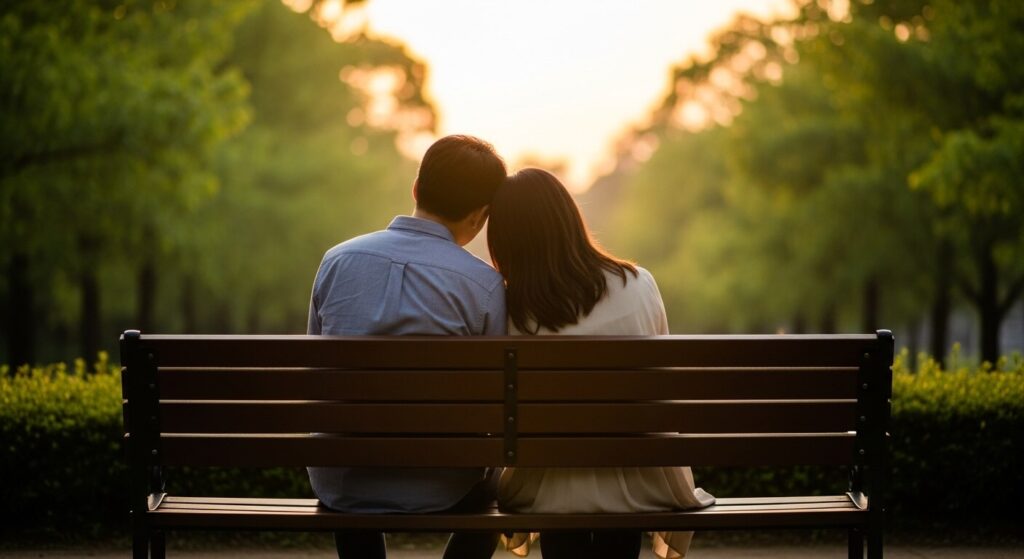 ベンチに座るカップル
