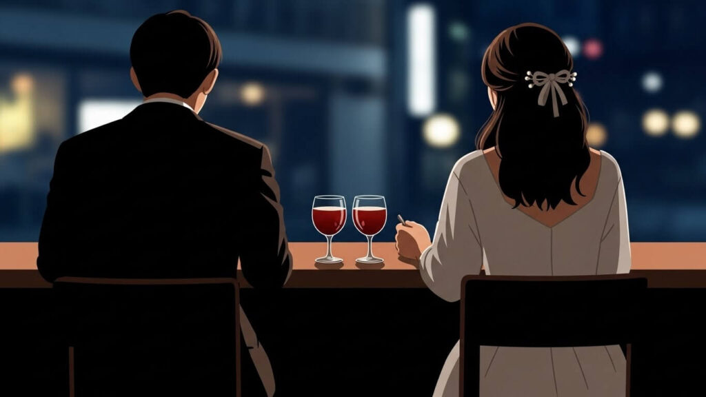 大人の男女がバーカウンターに並んでいる