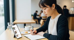 
スマートフォンの画面を見ながらメモを取る日本人女性。マッチングアプリのプロフィール作成や比較検討をしているイメージ。真剣な表情。