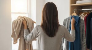 デートに向けて洋服を選んでいる女性の後ろ姿。クローゼットの前で複数の服を手に持って悩んでいる様子。明るい自然光が差し込む部屋で。