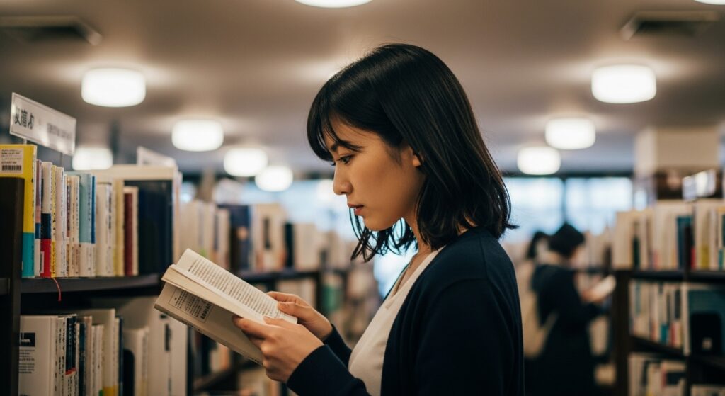 本屋で本を選んでいる女性の横顔。真剣な表情で本を見ている