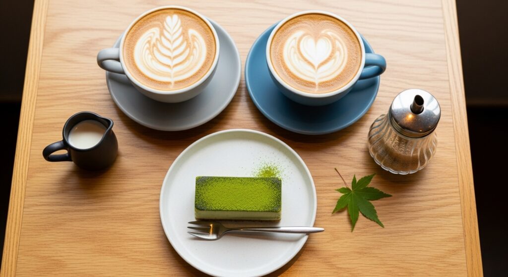 カフェのテーブルに置かれたコーヒーカップ2つと小さなデザート。上から撮影したおしゃれな構図