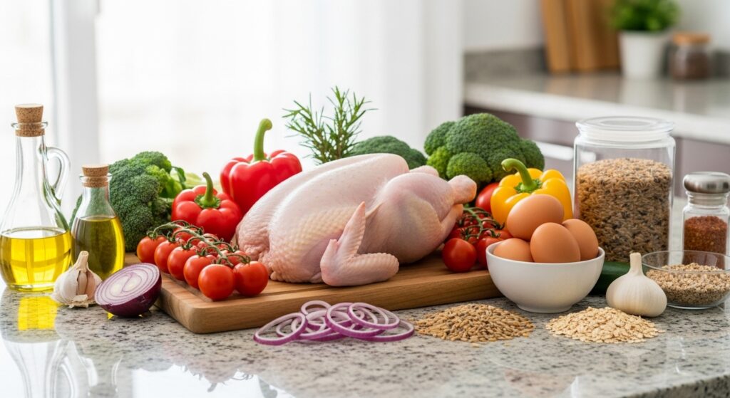 健康的な食材が並んだキッチンカウンター。野菜、鶏肉、卵、雑穀米など。料理する前の準備段階。明るく清潔感のある雰囲気。