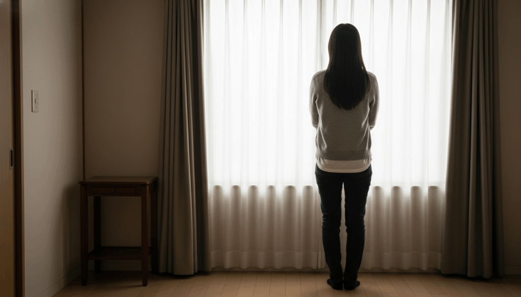 窓辺に立って外を眺める