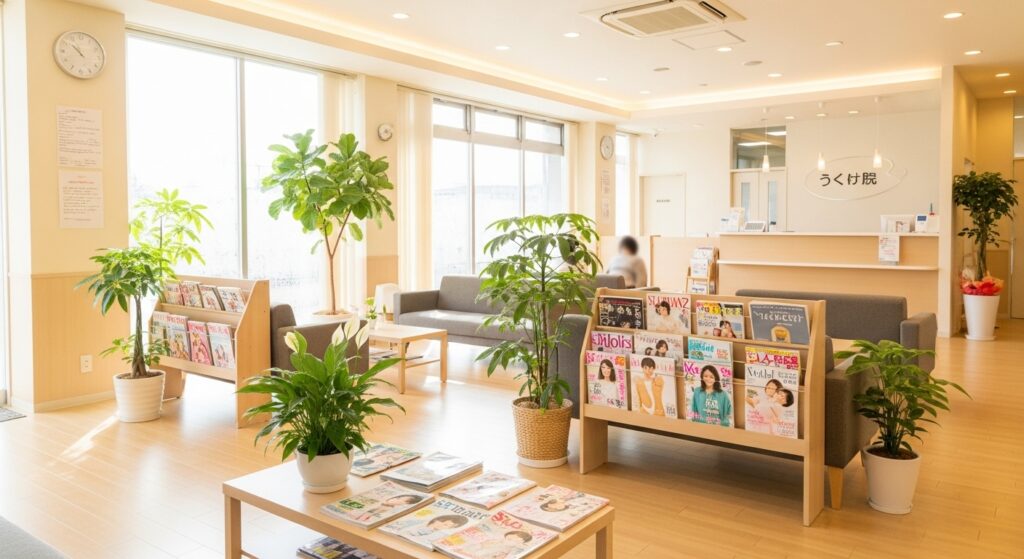 産婦人科クリニックの待合室の様子。清潔で明るい空間、観葉植物や雑誌が置かれた穏やかな雰囲気。受付カウンターが遠くに見える