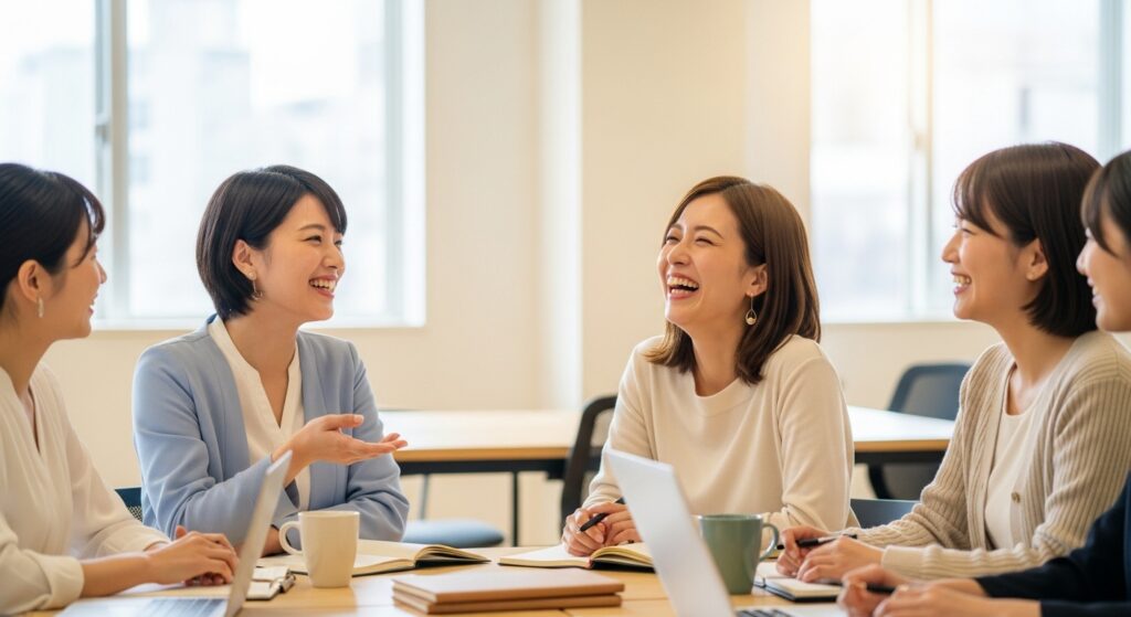 同僚と笑顔で話している女性