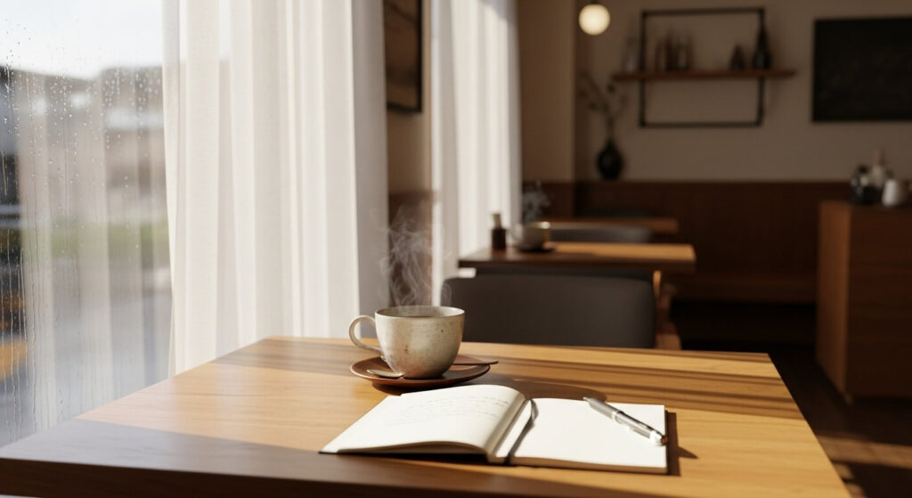 温かい飲み物が入ったカップとノート