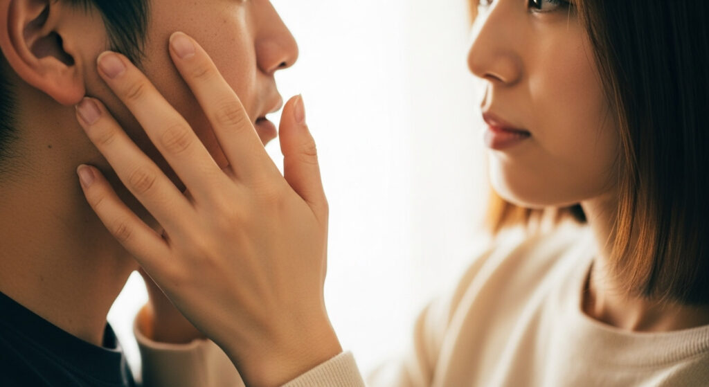 女性が男性の頬を手で触っている