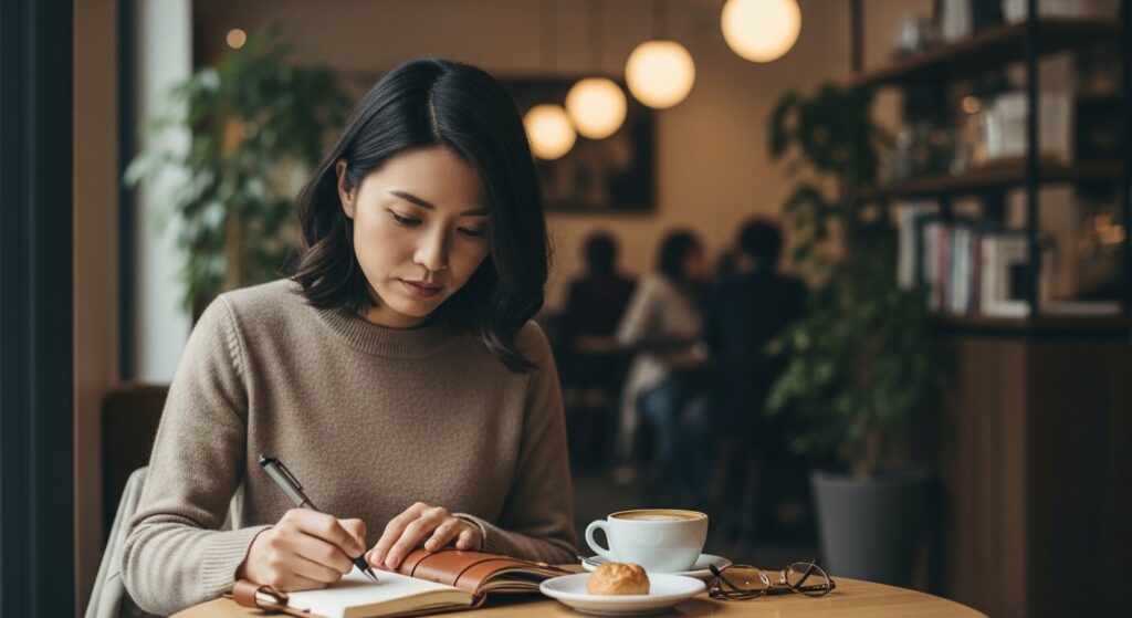 カフェで手帳に書いている女性