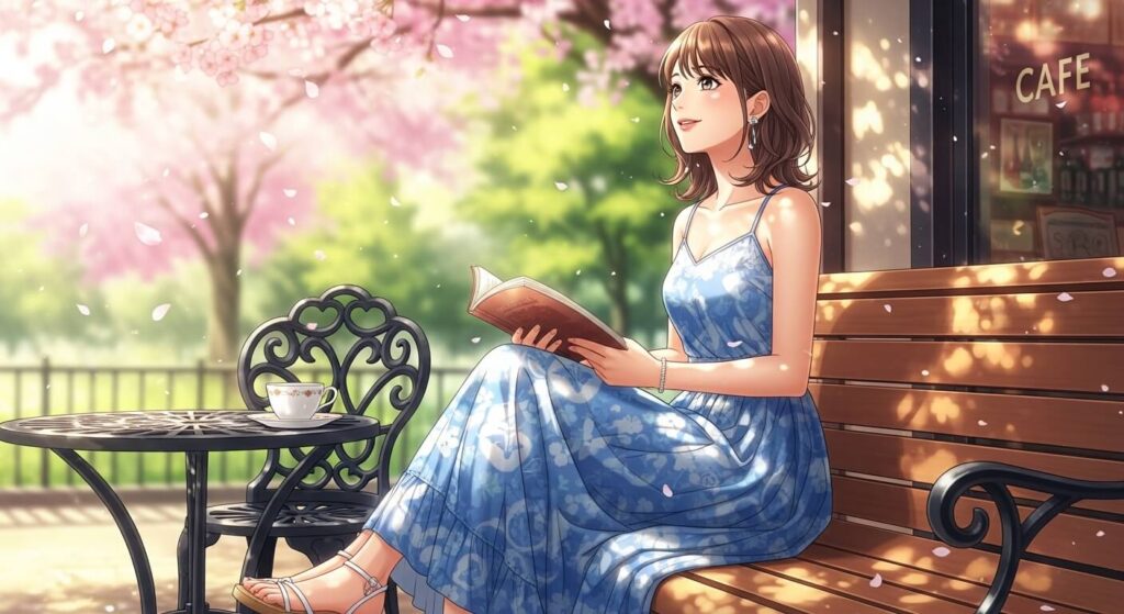 女性がふんわりとしたワンピースを着て、カフェや公園のベンチに座っている