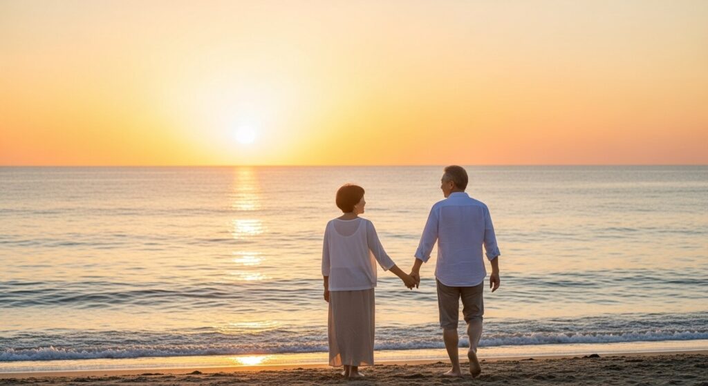 海岸を歩くカップル