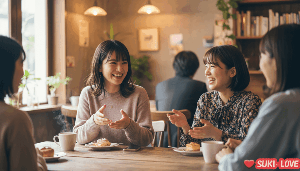友達とカフェで会話する女性