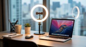 リングライトで照らされた明るいデスク環境。ノートパソコンの前に座る準備が整っている様子。照明の効果がわかる明るい画像