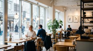 おしゃれなカフェの外観または内装。明るく開放的な雰囲気。初デートの場所選びのイメージ。