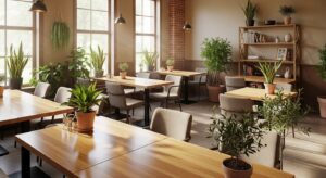 おしゃれなカフェの内装。木目調のテーブルとナチュラルな雰囲気。窓から柔らかい光が入り込み、緑の観葉植物が配置されている。