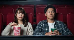 デート中の映画館のシーン。隣同士に座る若い男女