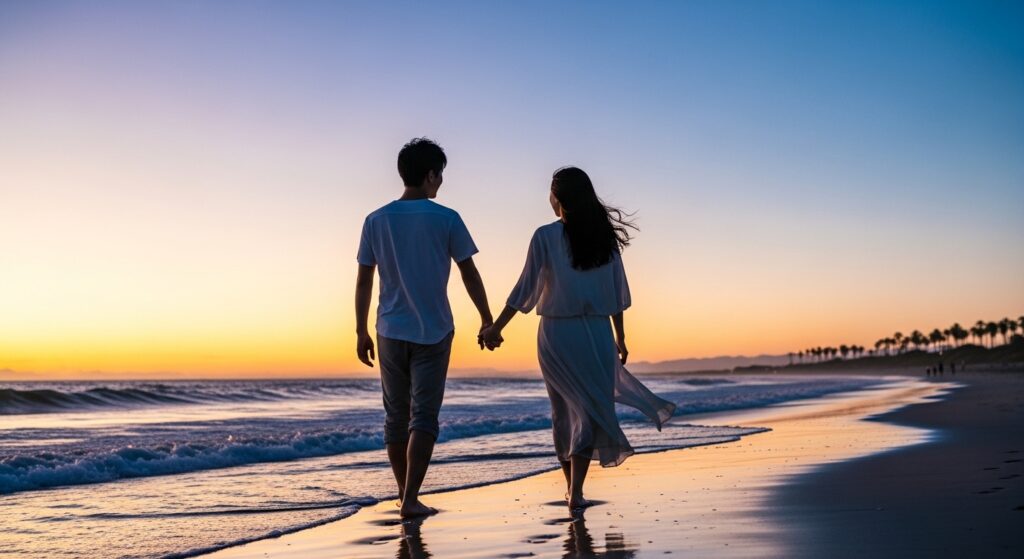 海辺や公園で手を繋いで歩くカップルの後ろ姿。夕暮れ時。
人物：日本人カップル（20代）
雰囲気：ロマンチックで温かい、長続きする愛を感じさせる