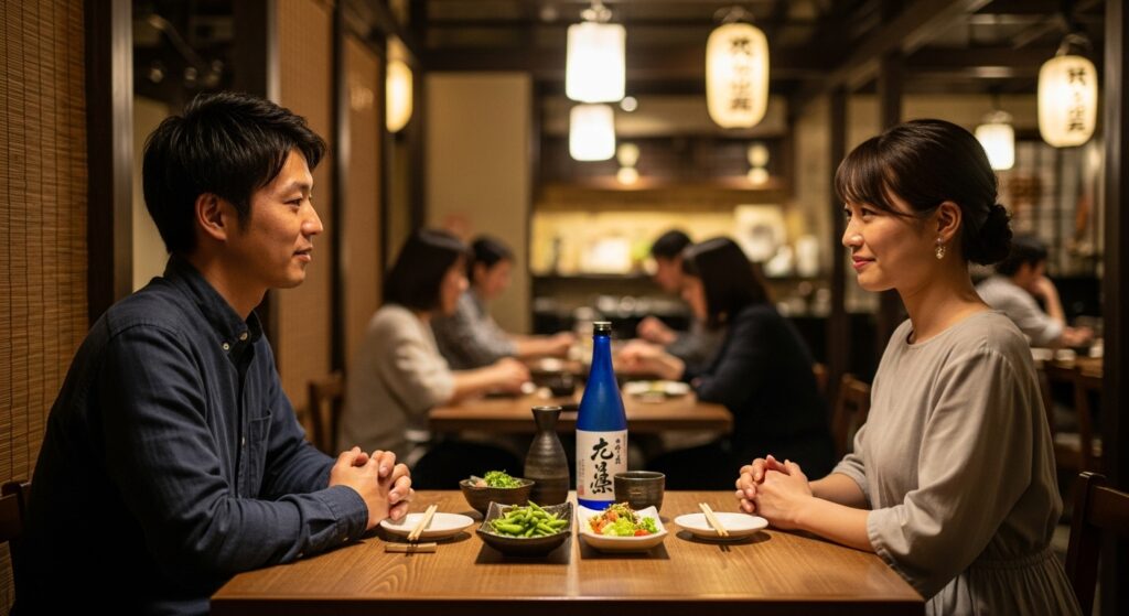 30代のカップルがレストランで向かい合って座っている後ろ姿。落ち着いた雰囲気のレストラン