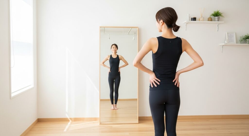 背筋が伸びた美しい姿勢。ビフォーアフターを連想させるような前向きなイメージ