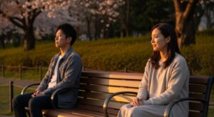 ベンチで少し離れた席に座る男女