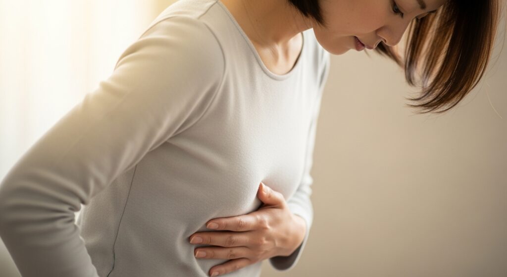 お腹に手を当てて呼吸を意識している様子。リラックスした表情。