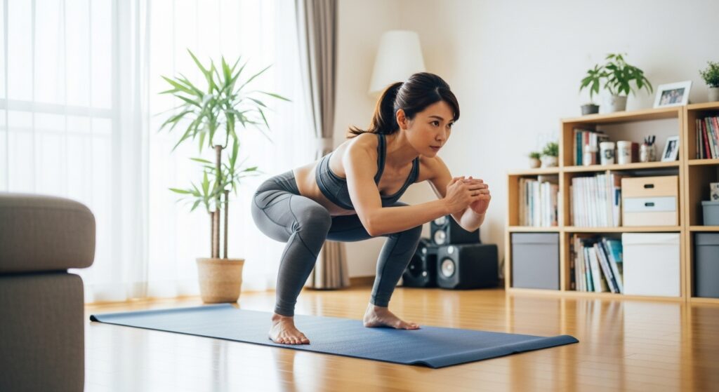 自宅でスクワットやプランクをする日本人女性。ヨガマットの上で。真剣な表情で運動に集中している様子。