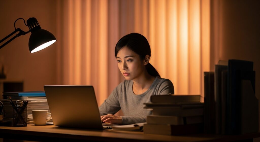 夜、デスクで作業をする30代前半の日本人女性の後ろ姿。ノートPCの画面の光が顔を照らし、疲れた様子。温かい間接照明の部屋。ストレスフルな仕事環境を表現するが、暗すぎない雰囲気