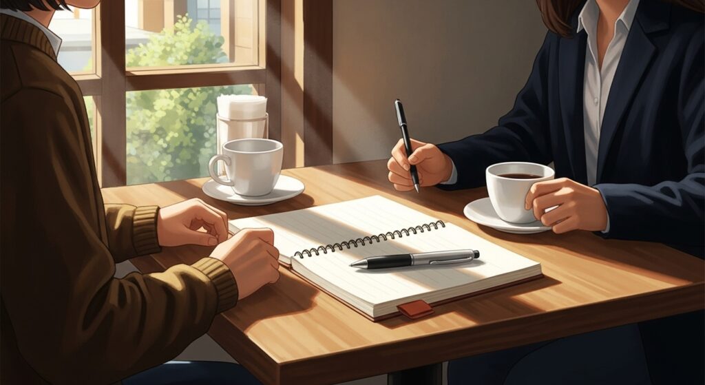 ノートとペンが置かれたカフェのテーブル