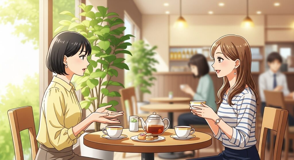 
カフェでお茶を飲みながら話す2人の若い女性