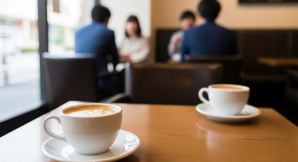 二人分のコーヒーカップがテーブルに置かれている