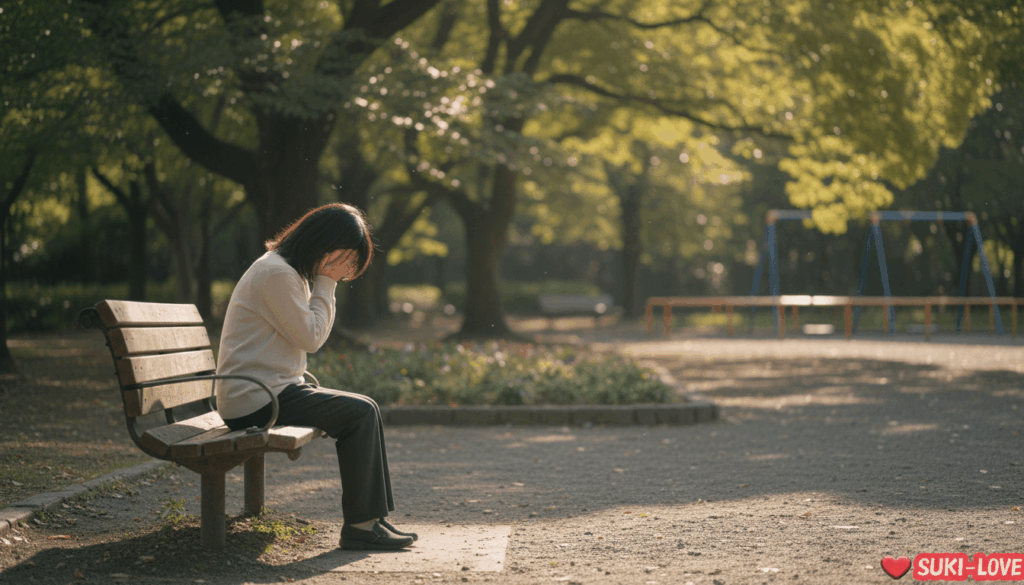 公園のベンチで悩んでいる女性