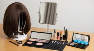 身バレ対策グッズ
テーブルに並べられたウィッグ、メイク道具、カラーコンタクトのケース。化粧品やミラー。変装用のアイテムが整然と並んだ様子