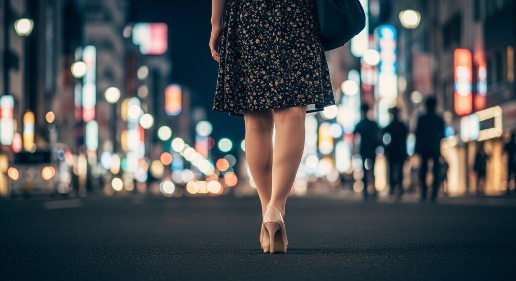夜の街を一人で歩く女性の後ろ姿