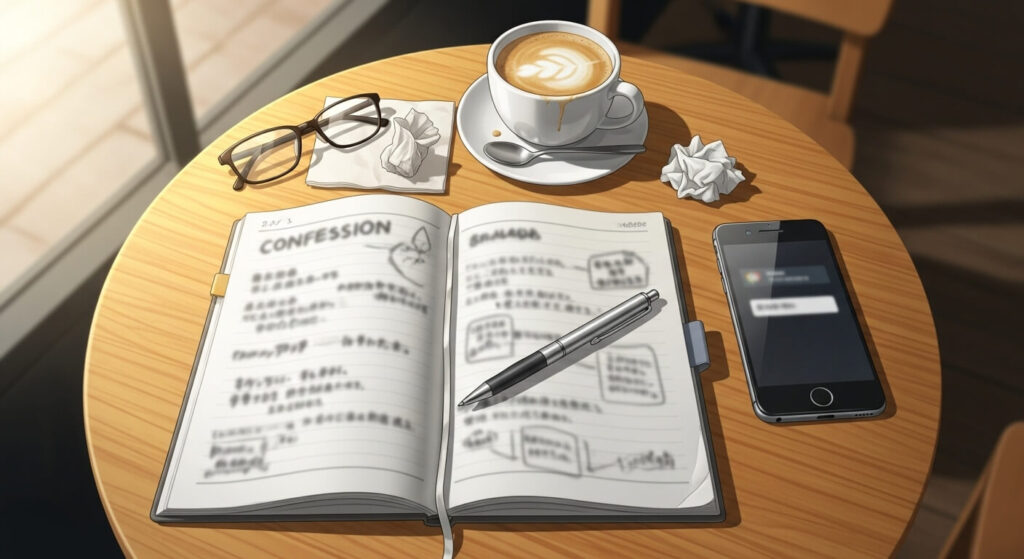 ノートとペンとスマートフォンがテーブルに置かれている