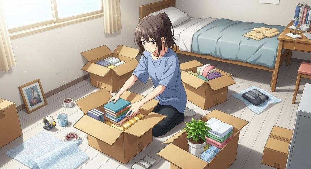 荷物を片付ける女性