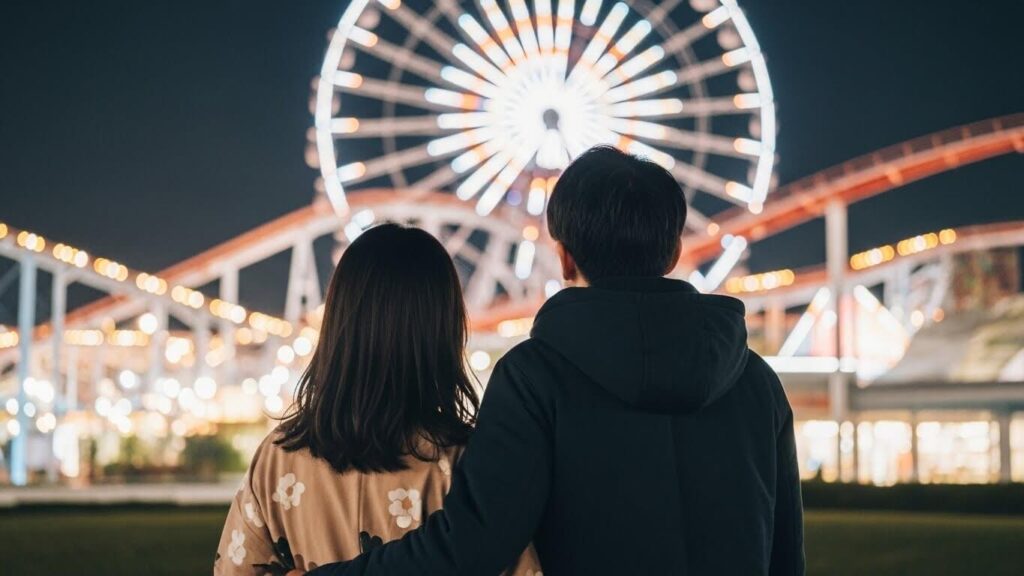 観覧車の前で彼女の腰に手を回す彼氏