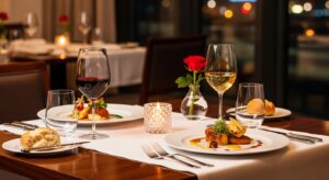 レストランのテーブルセッティング。美しく盛り付けられた料理とワイングラス、キャンドルの灯り。ロマンチックで上品な雰囲気。人物は不要。食事デートの雰囲気を表現。