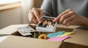 段ボール箱に写真や小物を詰めている様子。思い出の整理