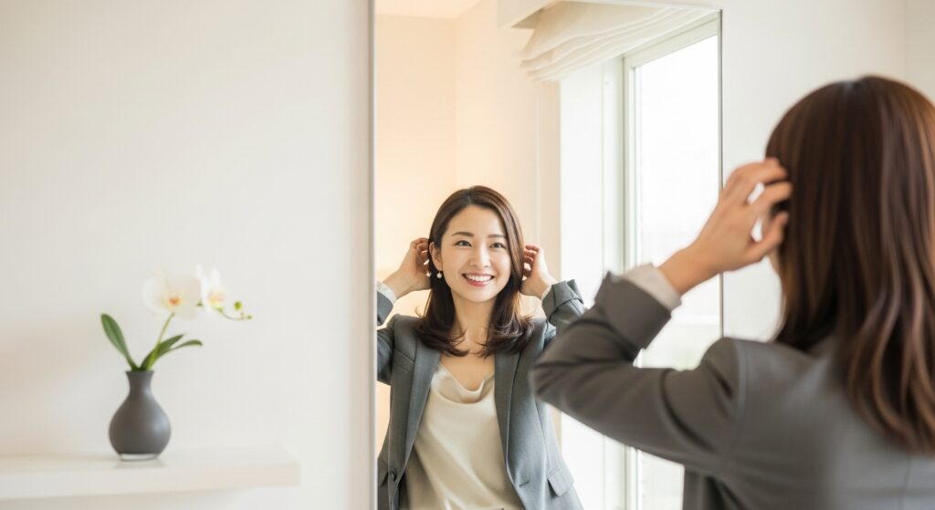 鏡の前で身だしなみを整える女性。自信に満ちた表情